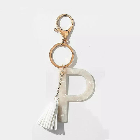 Tasseled Initial Key Chain, White