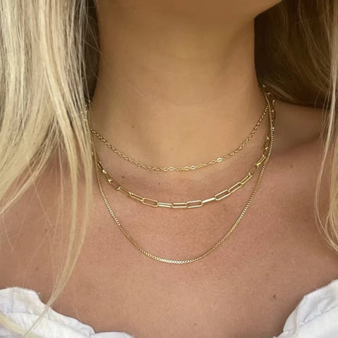 Uworld Vintage 18K Gold Plated Paperclip Box Chain Layered Necklace Stainless Steel Link Chain Triple Layer Necklace for Girls