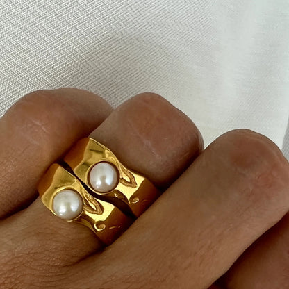 18K Gold PVD Plated 316L Stainless Steel Rings Finger Chunky Wedding Statement Jewelry Shell Freshwater Pearl Zircon Ring