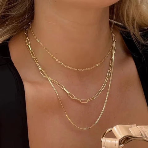 Uworld Vintage 18K Gold Plated Paperclip Box Chain Layered Necklace Stainless Steel Link Chain Triple Layer Necklace for Girls